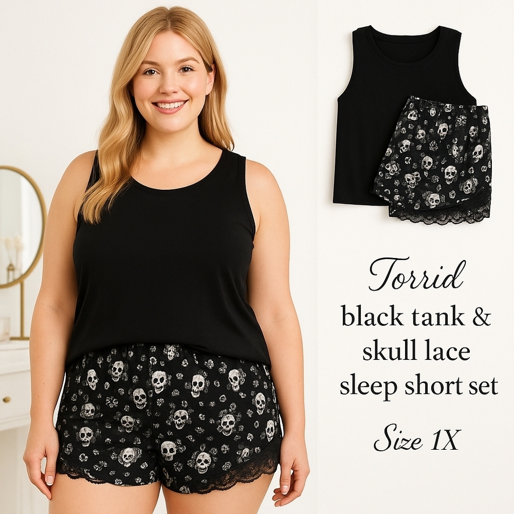 Torrid 1X Black Skull Lacey Sleep Short & black tank  top set NWT